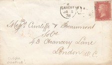 GB QV Penny Red envelope Corner Letters – Cardiff to London 1876