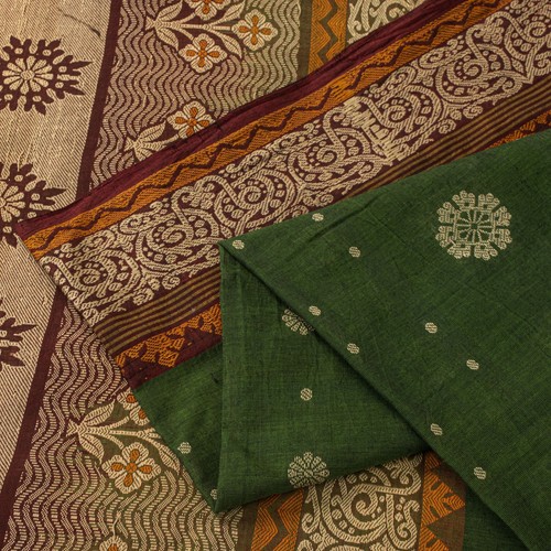 Sanskriti Vintage Saree Green Pure Cotton Floral Woven Sari 5+Yd Craft Fabric
