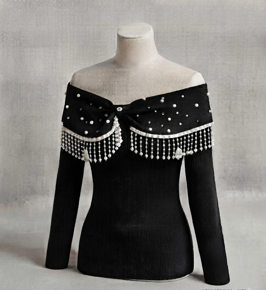 Vintage Boutique Pull noir tricot Bardot épaules dénudées perles franges 42 - Photo 1/4