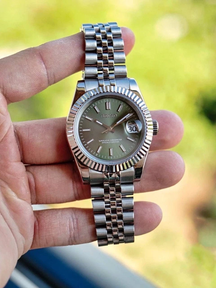 Часы Seik Mod зеленый циферблат рифленый ободок юбилейный браслет автоматические - Изображение 2 из 2