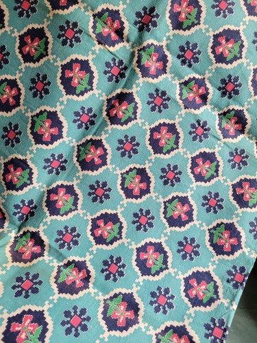 Vintage Cotton Full Feedsack Fabric Teal w Raspberry Flowers Feed Sack