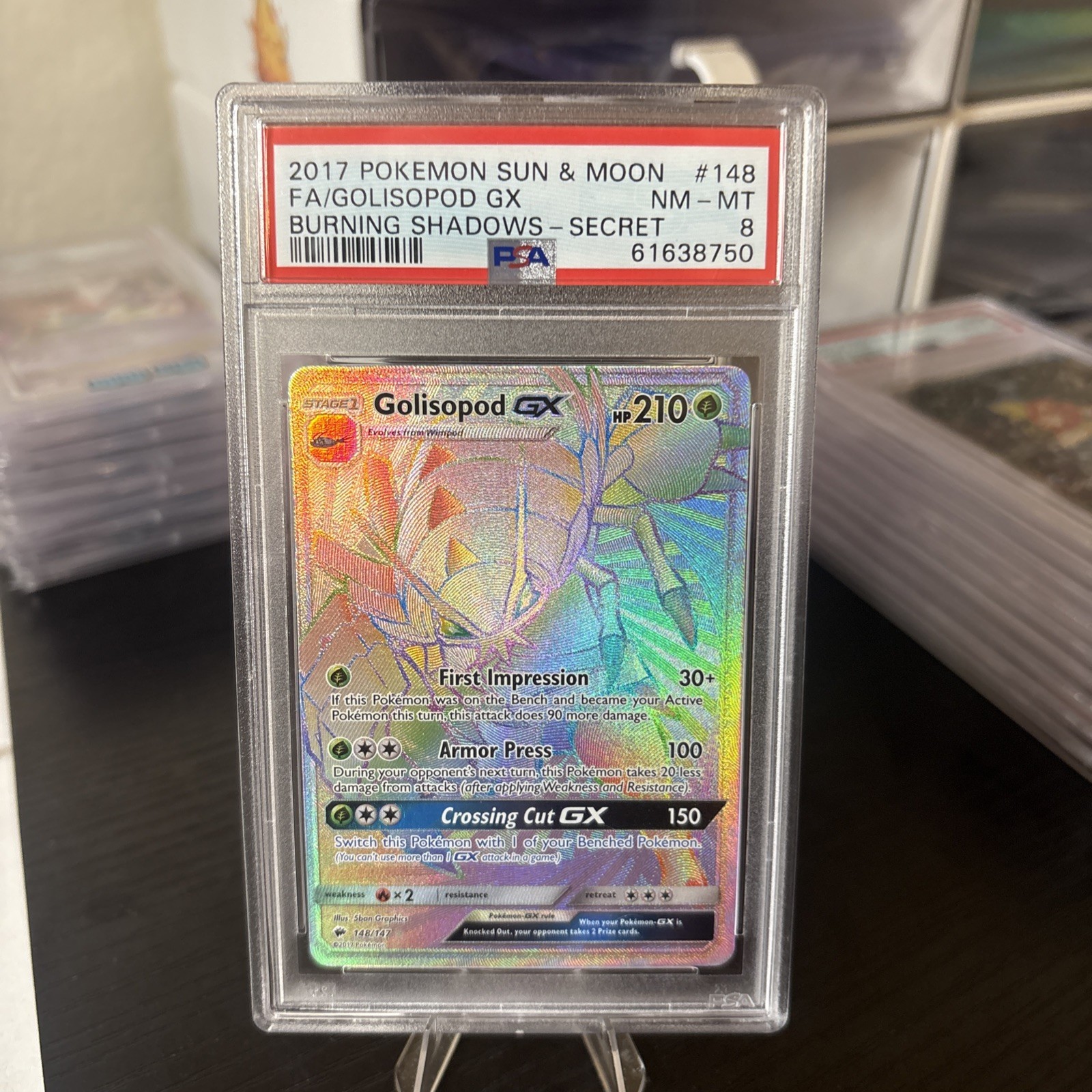 Pokemon BURNING SHADOWS GOLISOPOD GX #148 SECRET RARE HOLO FOIL PSA 8 NM-MT #*