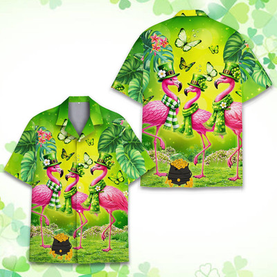 Flamingo St Patrick Hawaiian Shirt for Adult Youth Green Shamrock Aloha Button D