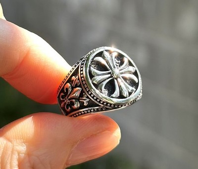 Gothic Cross Signet Ring 925 STERLING SILVER Fleur De Lis Flower Cross Biker Got