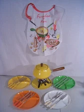 MCM Vintage Yellow Fondue Set w/ Box Pot, Lid, Stand, Burner, Forks, Underplate