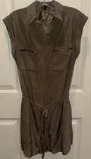 Express Tan Military Style Shirt Dress Gold Buttons Zip Pockets Belt Sz XS