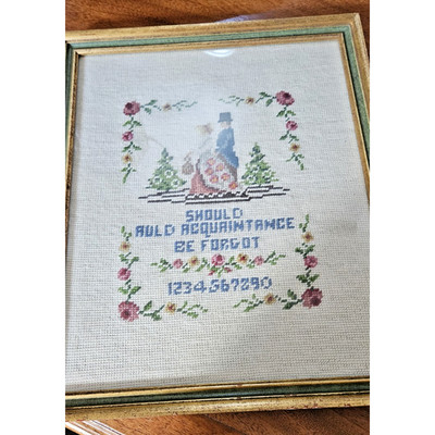 VTG 1960 s Framed Cross Stitch Sampler ''Should Auld Acquaintance Be Forgot''