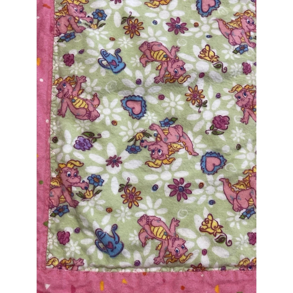 Manta de bebé rosa Dragon Tales PBS de colección acolchada franela hecha a mano algodón 33,5x34 Foto 3 de 4