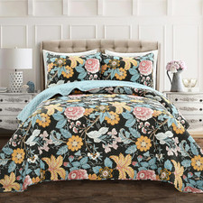 Sydney Reversible Cotton Quilt Set, 3 Piece Set, King, Black  Blue - Cotton Bed