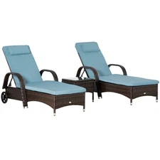 3pc Outdoor Set, 2 Reclining Chairs, Cushions, Wheels, Side Table, PE Wicker