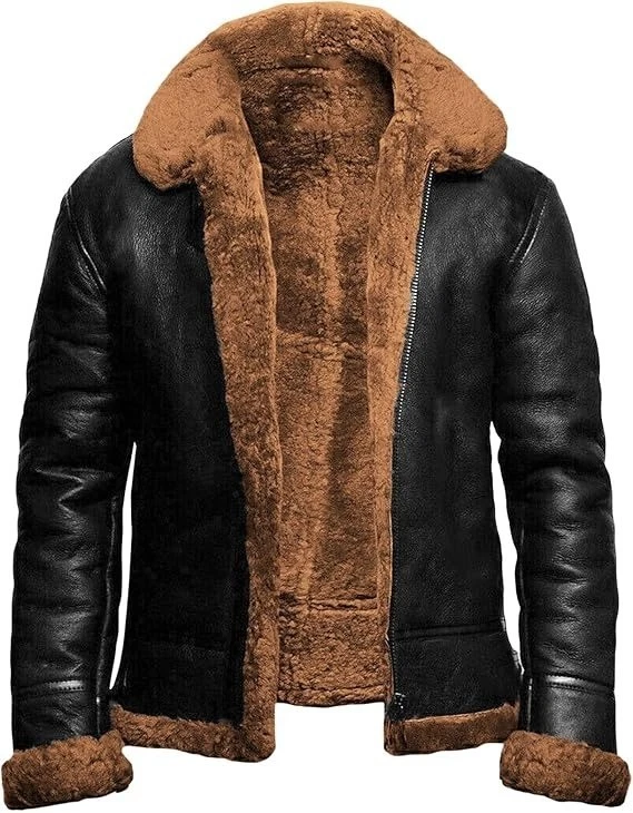 Mens Sheepskin Leather Jacket Shearling Fur Collar Motorcycle Warm Bomber Jacket