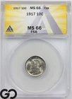 1917 Mercury Dime, FULL Split Bands, ANACS MS 66 FSB ** Razor Sharp!