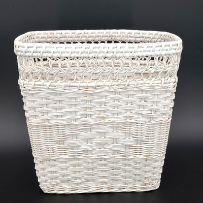Vintage White Wicker Rattan Woven Waste Basket Trash Can 11'' x 12'' x 8.5''