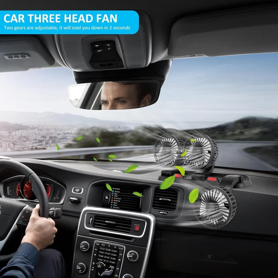 3 Head Car Fan 360° Rotate 2 Speed USB/12V/24V Quiet Cooling Fan for SUV RV - Image 2 of 4