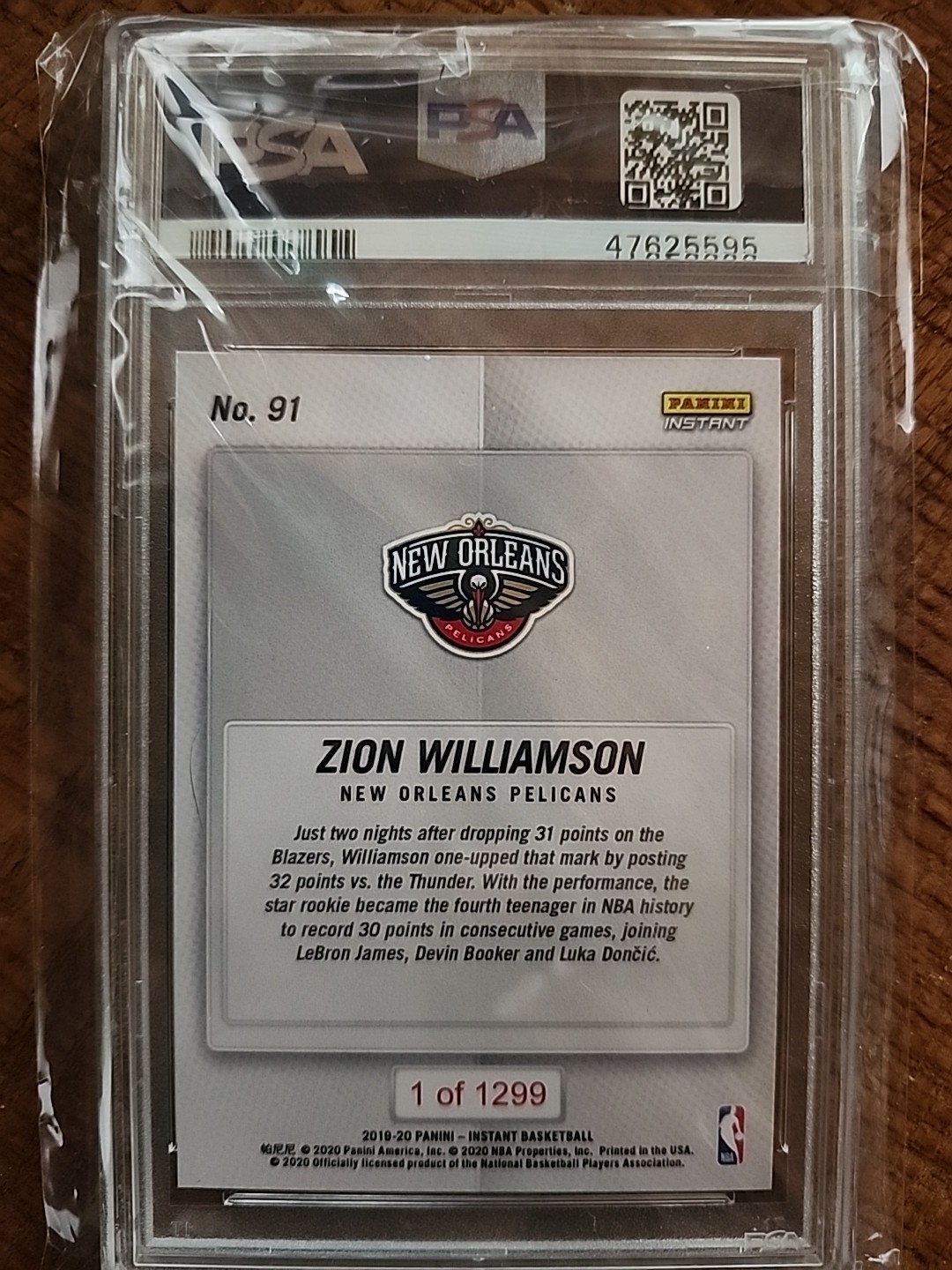 2019 Panini Instant #91 Zion Williamson PSA 10 - Rookie RC 🏀💥 view 2