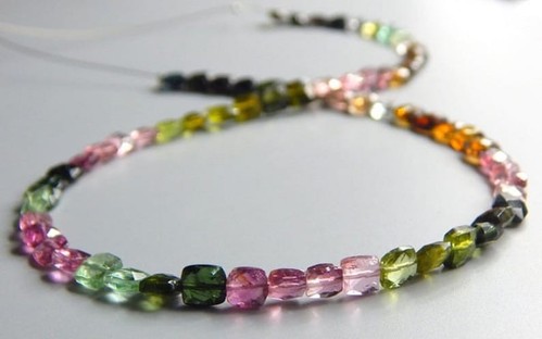 13 inch strand of natural Multi Tourmaline Rectangle Faceted 5mm beads.