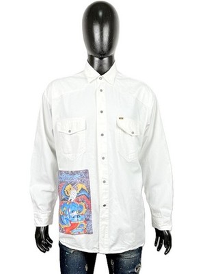 Mustang Herren Hemd XXL Weiß Custom Tattoo Eagle Snake Vintage Y2K Baumwolle