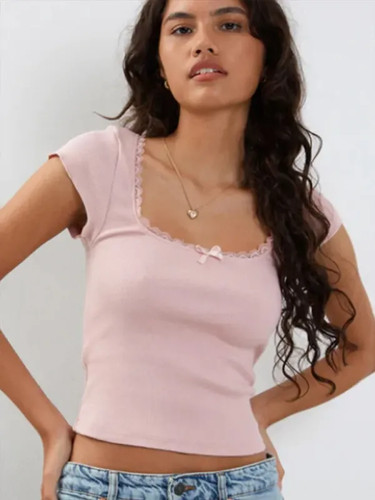Y2k Vintage Baby Tee Cottage Lace Trim Knitted T-Shirt Summer Square Neck Short - Picture 21 of 27
