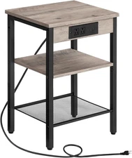 HOOBRO End Table with Charging Station and USB Ports, Small Greige + Black 