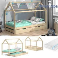 Kinderbett Hausbett GäStebett Wiki Natur 90X200Cm Schublade Matratze Vitalispa