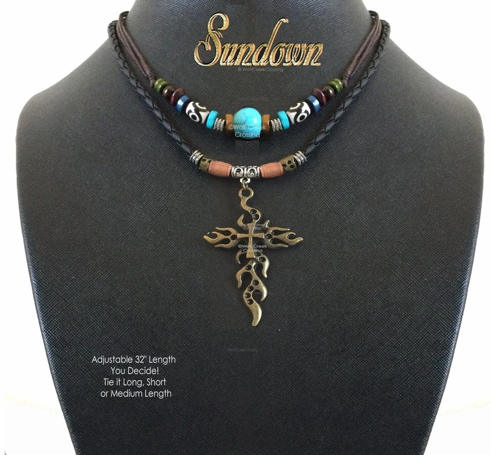 Collar colgante cruz bronce ardiente grande para hombre oro gótico 2 capas 32 pulgadas' Foto 4 de 4