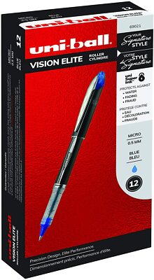 Uni-Ball 69021 Vision Elite Rollerball Pens, Micro Point (0.5mm), Blue 12pk
