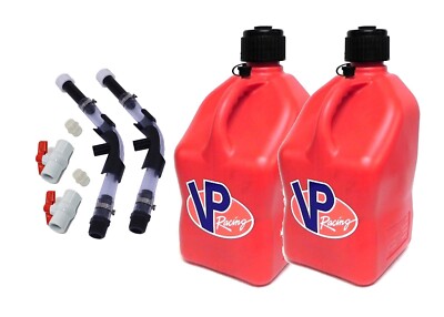 VP Racing 2 Pack Red Square 5 Gallon Fuel Jugs + Hose, Hose Bender, & Ball Valve