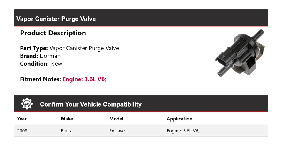 Válvula de purga de bote de vapor Dorman V6 V6 2008 Buick Enclave Foto 2 de 4