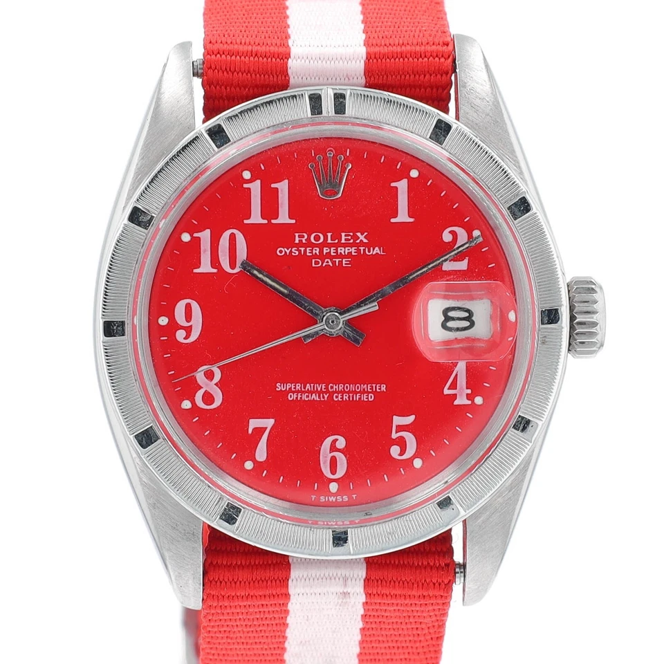 Rolex Date 1500 Size Watch Red Arabic Dial w/ Red & White Nylon Band 34mm