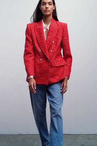 A312 ZARA BLAZER TEXTURED DOUBLE BREASTED RED WITH WHITE BUTTONS JACKET - XL - Picture 19 of 20
