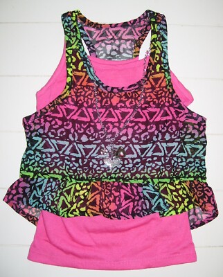 Girls One Step Up 3 Pc Coral Aloha Tank OverShirt Top & Heart Necklace Sz 4 