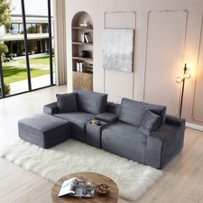 Grey Corduroy Sleeper Sofa Bed, Sectional w/ Storage & USB, No Assembly