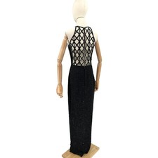 Vintage 90s Scala Black 100 Silk Beaded Lattice Back Gown