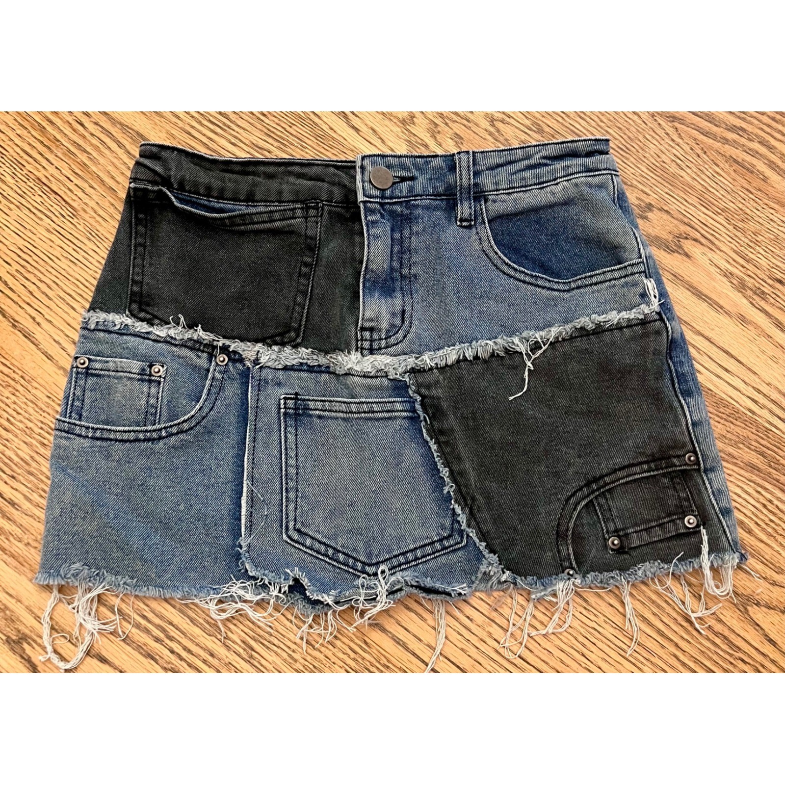 Fashion Nova Patchwork Denim Mini Skirt Blue Black Distressed Raw Hem XS
