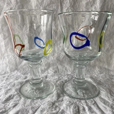 2 Hand Blown Heavy Glass Wine Glasses/Goblets With Colorful Circles Art Glass