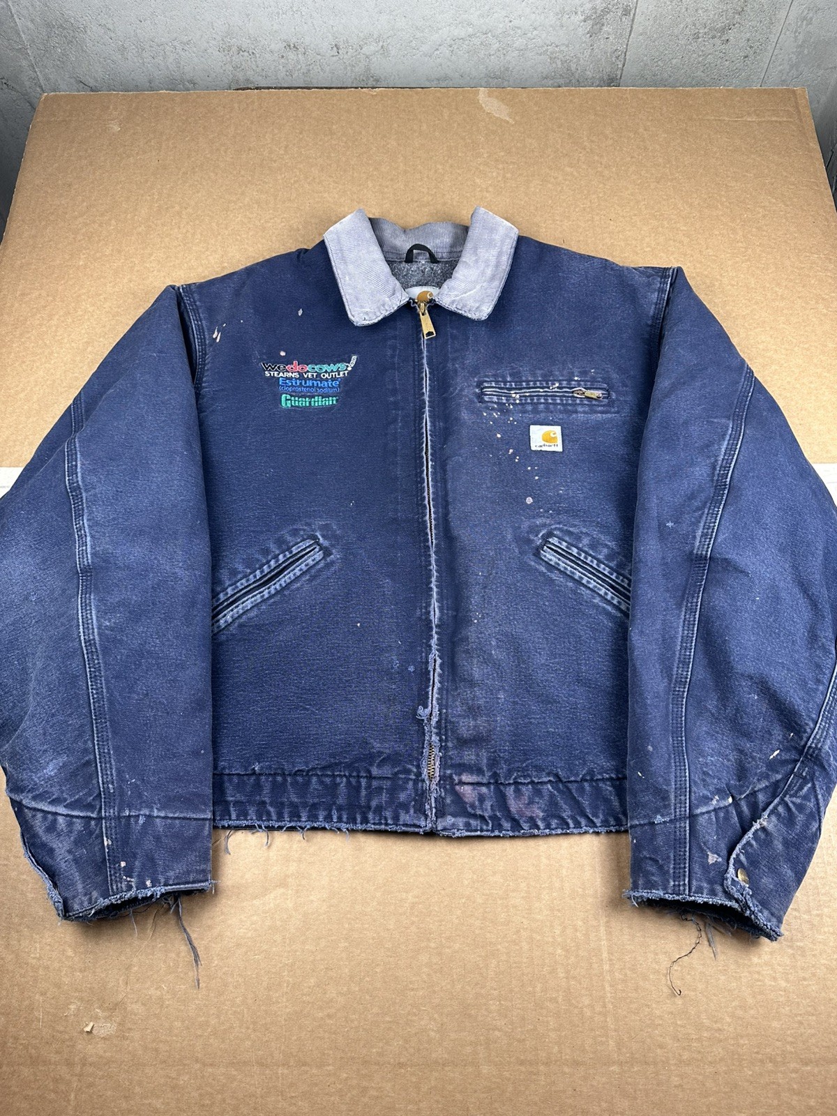 VTG Carhartt Detroit J01 DNY Blanket Lined Jacket Sz 46 L/XL Navy Blue Faded 