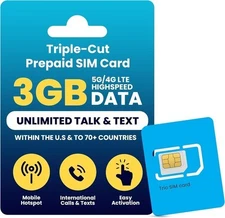 h2o wireless sim card + 90 days of $20 plan (Unlimited T/T + 3GB Hi Speed data)