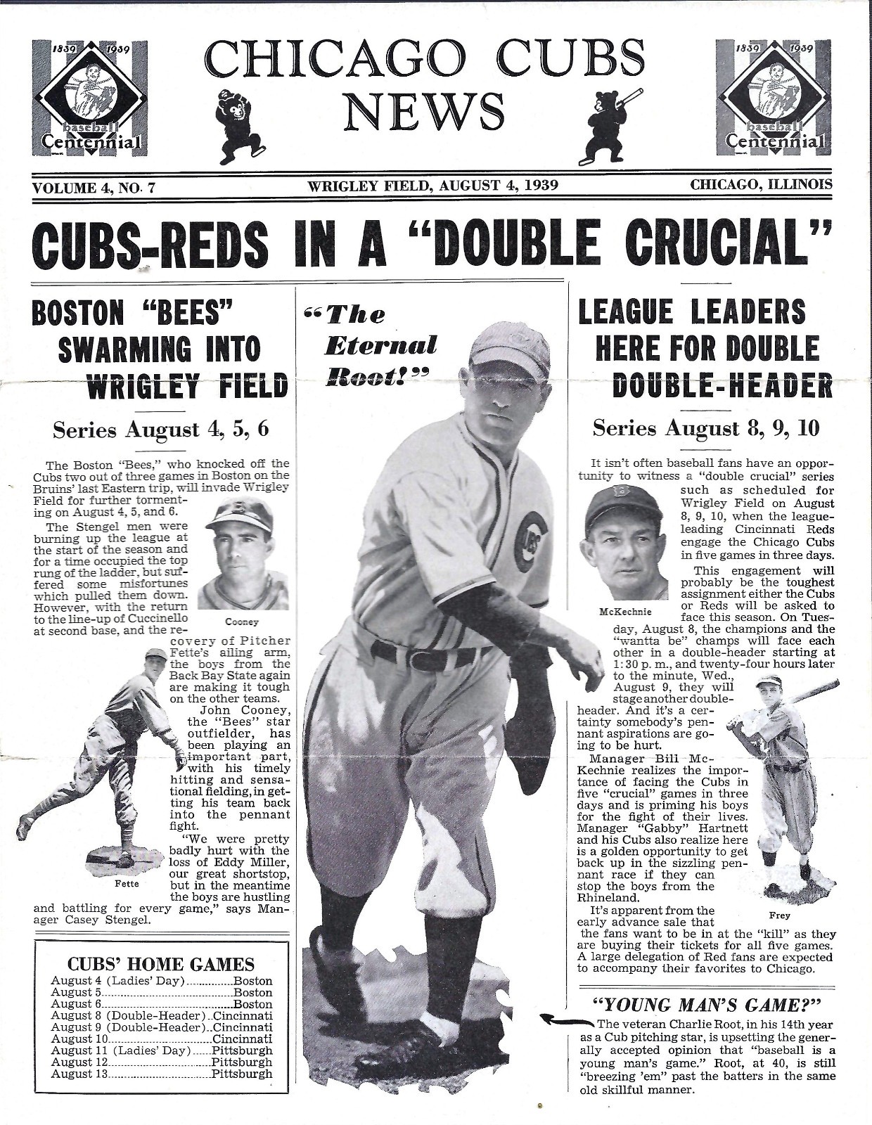 1939 Chicago Cubs News Newsletter 8/4/39 - Charlie Root cover