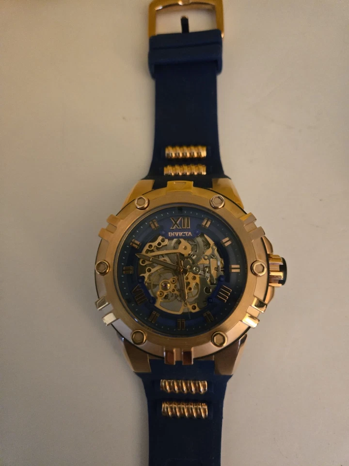 RoseGOLD Invicta Pro Diver 自动 Skeliton 蓝色金色硅胶表带潜水箱 — 第 3/4 张图片