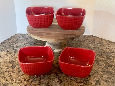 Vintage Set Of 4 Cuisinart Red Linen 1109 Square Bowls 5.75  Excellent Condition