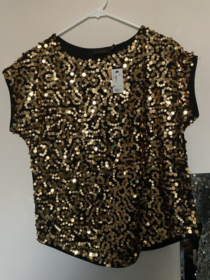 Express NWT Oversized SX Black Gold Metallic Sequin Top Fits S/M