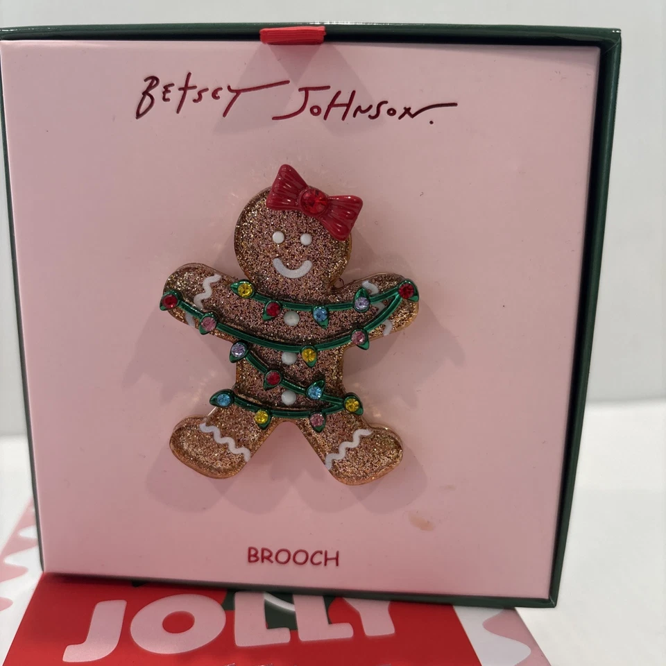 Betsey Johnson Jingle Bell Bling Gingerbread Girl Brooch Pin Gold Tone Holiday - Image 3 of 4