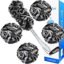 6 PCS Black Charcoal Loofah Set, 4 XL 80g Poufs, 1 Long Handle Back Scrubber