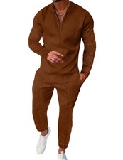 Mens Track Suits 2 Piece Long Sleeve Zip Polo Shirts  Sweatpants Textured At...