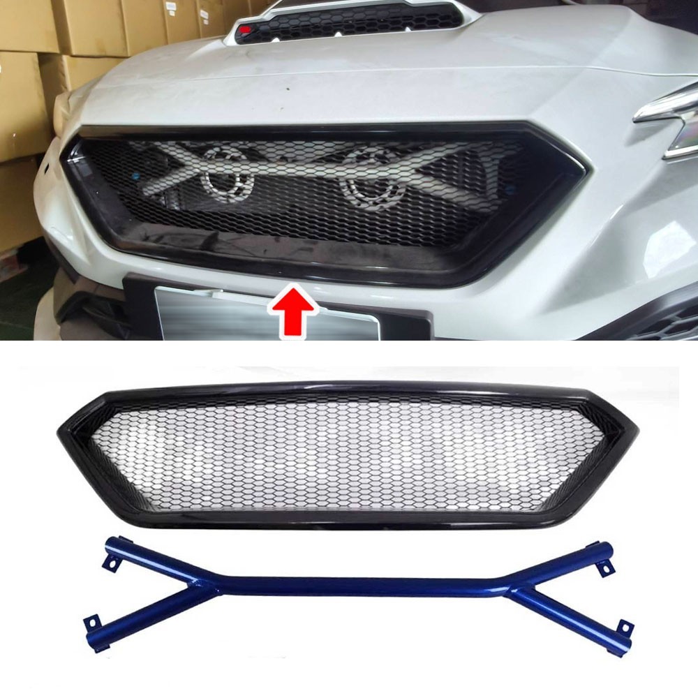 For Fit Subaru WRX 5th VB Front Grille Assembly Glossy Black + Brace Bar Blue