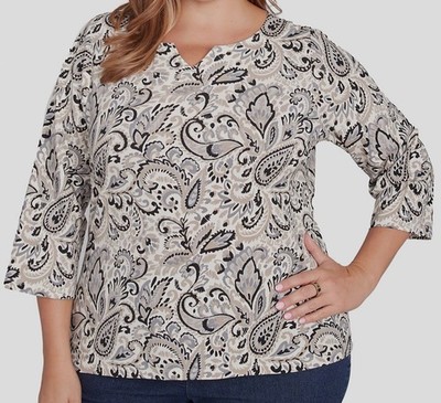 HEARTS OF PALM Women's White Printed Essentials 3/4 Sleeve Top Plus Size 2X