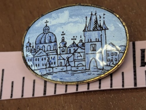 PRAHA PRAG handbemalte ovale Brosche Keramik Medaillon Czech Pottery blau - Bild 7 von 13