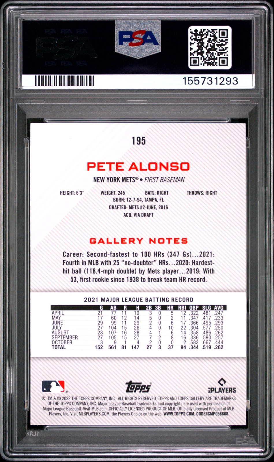 2022 TOPPS GALLERY RAINBOW FOIL #195 PETE ALONSO PSA 9 view 2