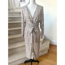 ASOS Taupe Grey Sequin Long Sleeve V-Neck Wrap Tie Sheath Midi Party Dress
