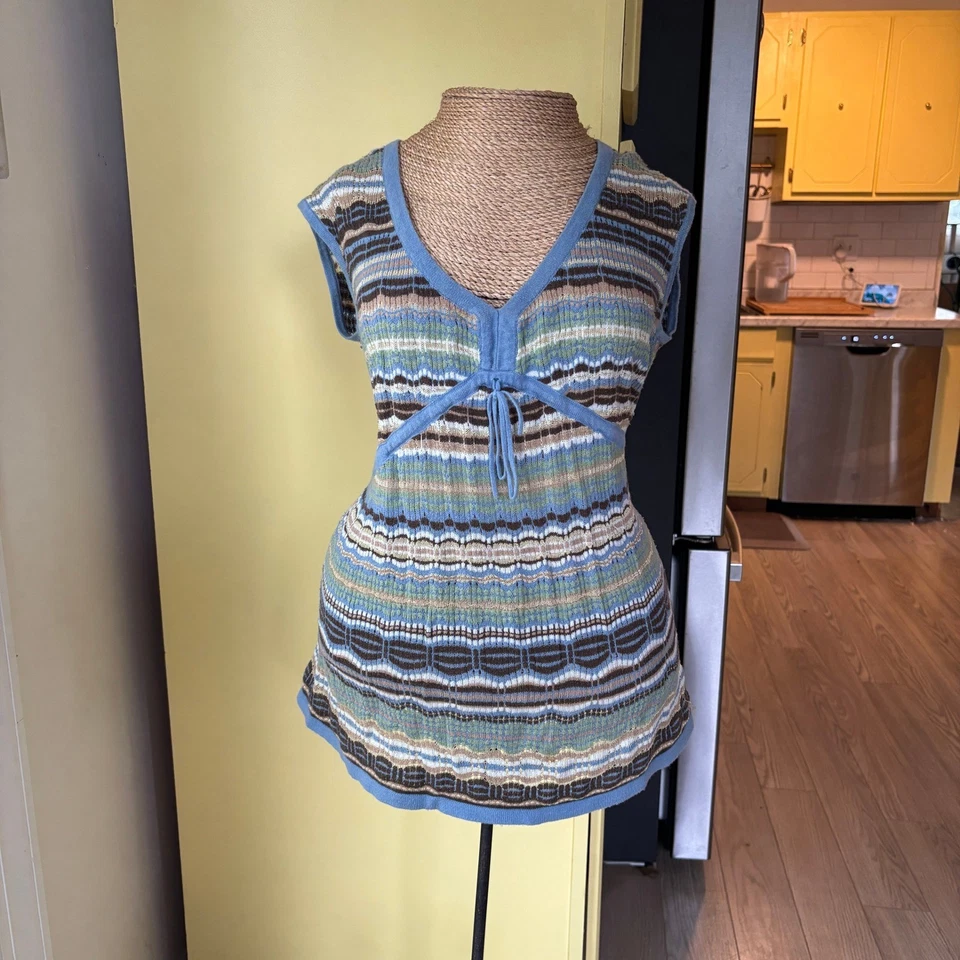 Babydoll vintage tejido Y2K Axcéss Liz Claiborne azul verde rayas cuello en V Foto 3 de 4